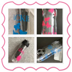 Water bottle, football, butterfly, Daisy, name, pink, blue, black, black top