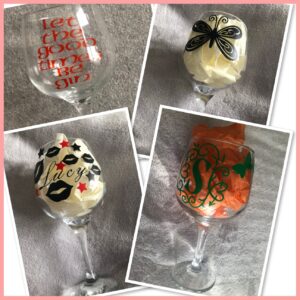 Glass, gin glass, balloon glass, butterfly, lips, stars, name, saying, initial