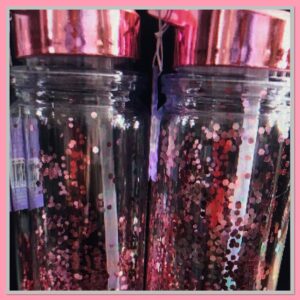 Pink, pink glitter, glitter, water bottle, pink shiny top, straw