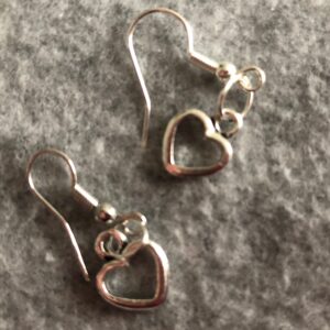 Earrings, handmade, open-heart design, pierced ears, silver colour