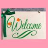 Door sign, welcome, orange heart, ribbon, hanging, natural wood