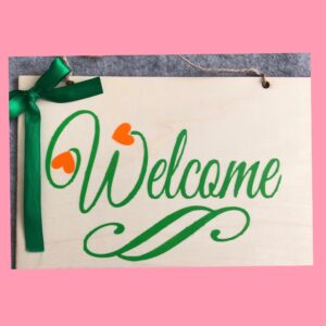 Door sign, welcome, orange heart, ribbon, hanging, natural wood