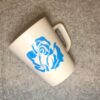White mug, rose, blue,