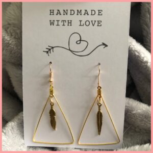 Earrings, handmade, feather charm, gold colour, pierced ears, drop earrings