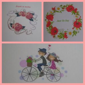 Three pink roses, puppy ring, two on a bike